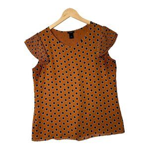 Ann Taylor Polka Dot Ruffle Sleeve Blouse size Medium Orange/Blue